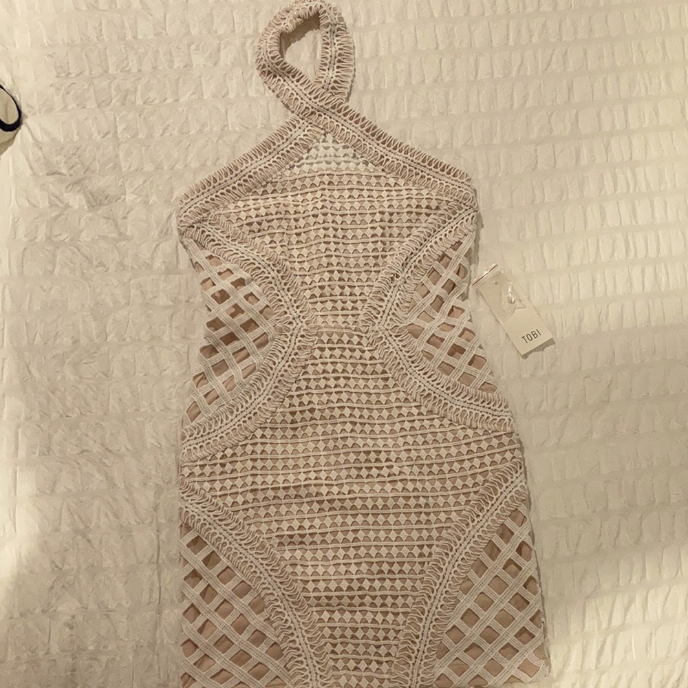 White crochet overlay halter mini dress
